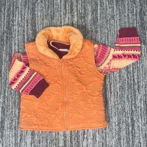 B T Kids Girls Size 4T Zip Vest & Sweater 2 Piece Set‎ Outfit Orange Pink Winter